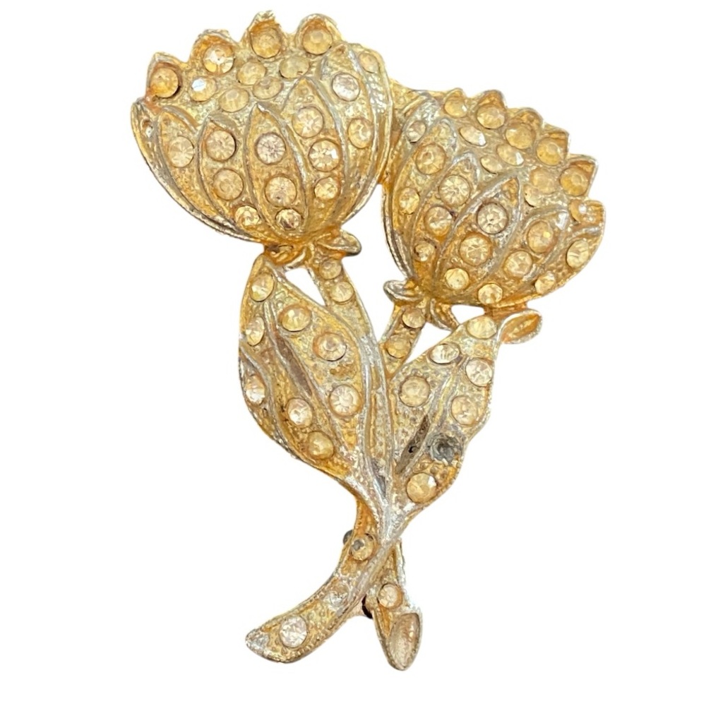 Vintage Gold Tone Rhinestone Flower Brooch Pin | Floral Spray Cluster